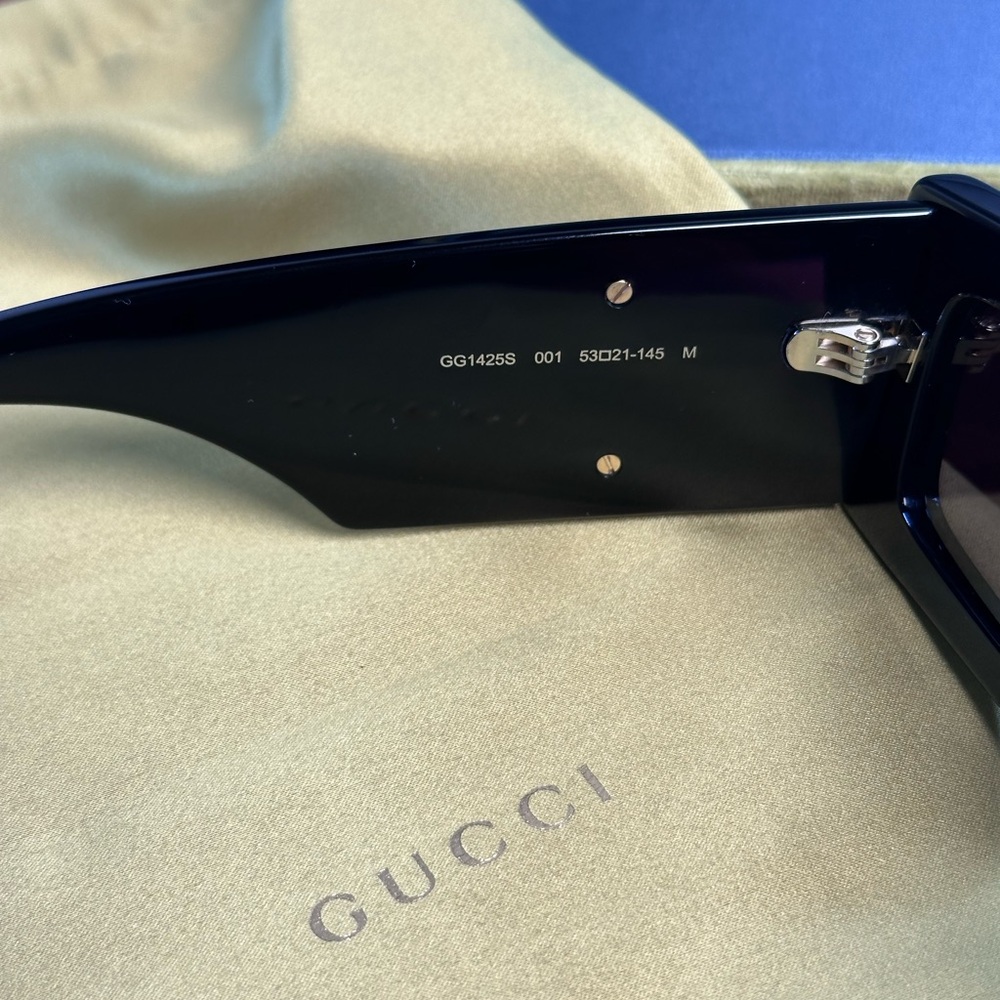 Gucci Generation Rectangular Sunglasses in Shiny Solid Black large gold logo - Picture 7 of 11